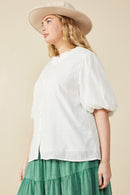 HY7898W Off White Plus Embroidery Textured Puff Sleeve Blouse Detail
