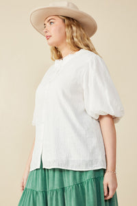 HY7898W Off White Plus Embroidery Textured Puff Sleeve Blouse Detail