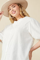 HY7898W Off White Plus Embroidery Textured Puff Sleeve Blouse Back