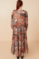 HY7903 Brown Womens Paisley Patch Print Long Sleeve Duster Front