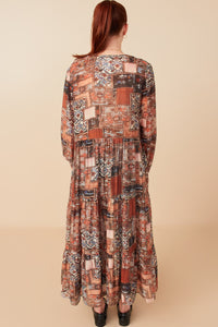 HY7903 Brown Womens Paisley Patch Print Long Sleeve Duster Front