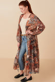 HY7903 Brown Womens Paisley Patch Print Long Sleeve Duster Back