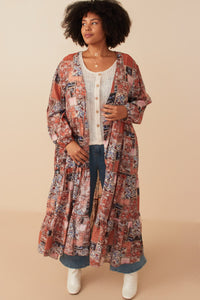 HY7903 Brown Womens Paisley Patch Print Long Sleeve Duster Full Body