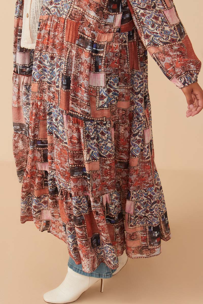 HY7903W Brown Plus Paisley Patch Print Long Sleeve Full Body