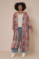 HY7903 Brown Womens Paisley Patch Print Long Sleeve Duster Side
