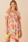 HY7912 Pink Mix Womens Bold Floral Smocked Square Neck Dress Front