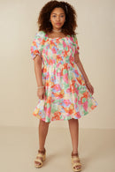 HY7912 Pink Mix Womens Bold Floral Smocked Square Neck Dress Full Body