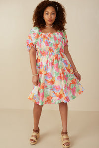 HY7912 Pink Mix Womens Bold Floral Smocked Square Neck Dress Full Body