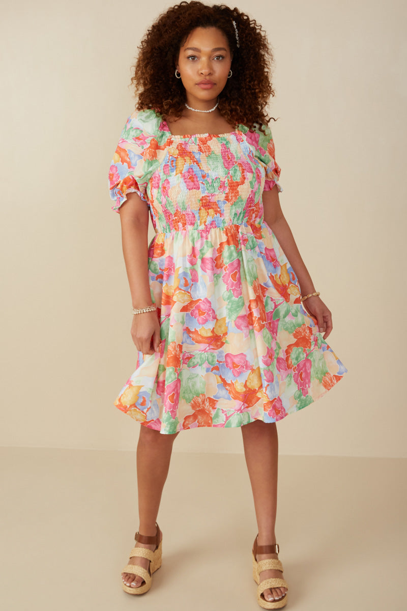 HY7912 Pink Mix Womens Bold Floral Smocked Square Neck Dress Full Body