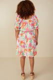 HY7912W Pink Mix Plus Bold Floral Smocked Square Neck Dress Full Body