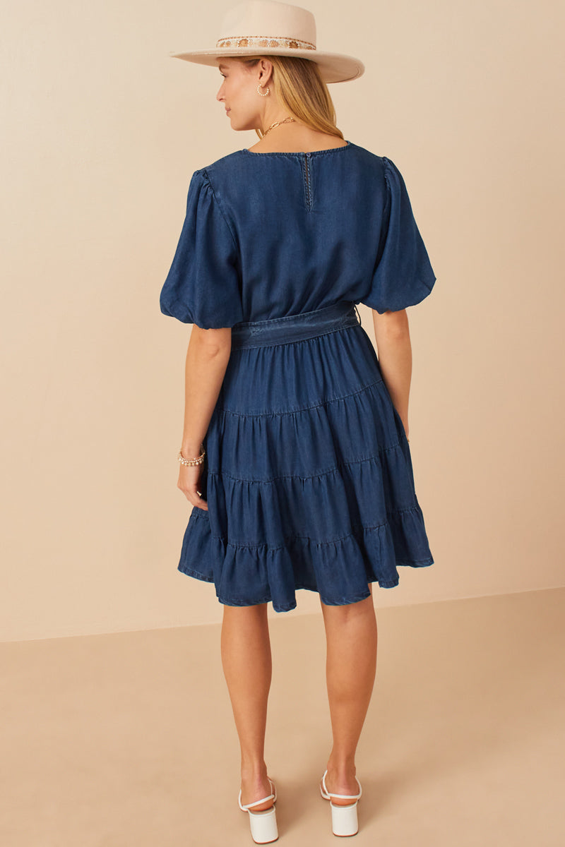 HY7930 Mid Denim Womens Denim Washed Belted V Neck Dress Back