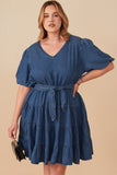 Denim Washed Belted V Neck Dress