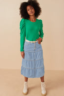 HY7932 Light Denim Womens Button Fly Tiered Denim Maxi Skirt Full Body