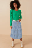 HY7932 Light Denim Womens Button Fly Tiered Denim Maxi Skirt Full Body