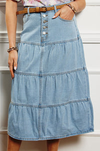 HY7932 Light Denim Womens Button Fly Tiered Denim Maxi Skirt Front