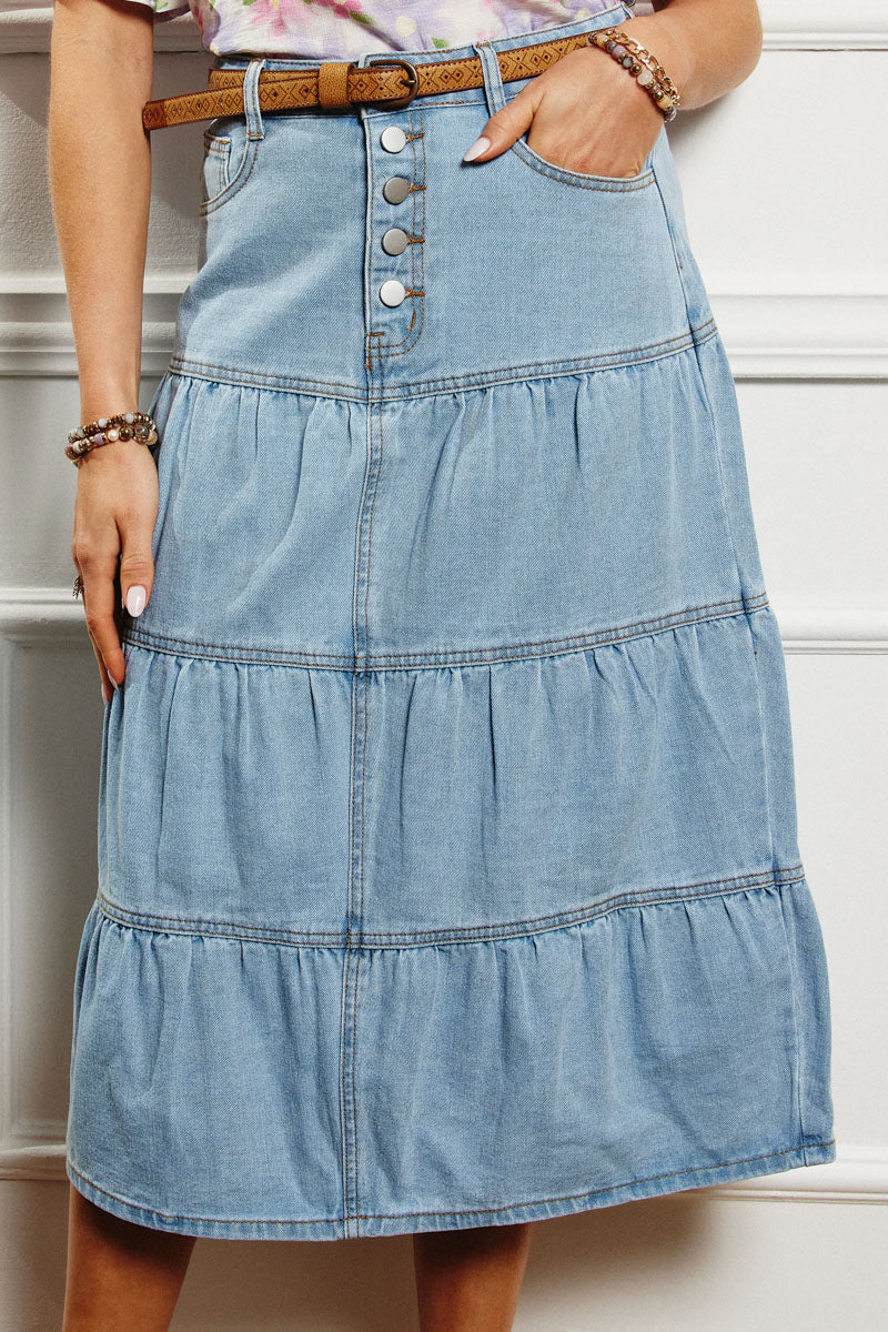 Button Fly Tiered Denim Maxi Skirt
