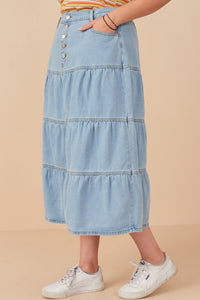 HY7932W Light Denim Plus Button Fly Tiered Denim Maxi Skirt Side