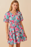 HY7933W Mint Plus Floral Print Smocked Waist Button Dress Front