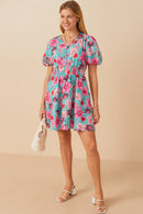 HY7933 Mint Womens Floral Print Smocked Waist Button Dress Detail
