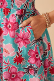 HY7933 Mint Womens Floral Print Smocked Waist Button Dress Back