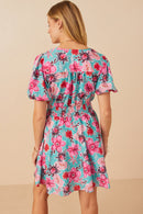 HY7933 Mint Womens Floral Print Smocked Waist Button Dress Side