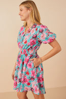HY7933W Mint Plus Floral Print Smocked Waist Button Dress Gif