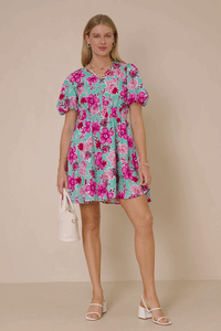HY7933 Mint Womens Floral Print Smocked Waist Button Dress Full Body