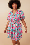 HY7933 Mint Womens Floral Print Smocked Waist Button Dress Front
