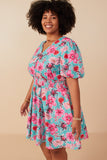 HY7933W Mint Plus Floral Print Smocked Waist Button Dress Back