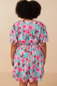 HY7933W Mint Plus Floral Print Smocked Waist Button Dress Front 2