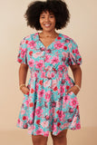 Womens Floral Print Smocked Waist Button Dress