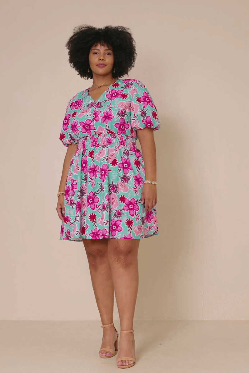 HY7933W Mint Plus Floral Print Smocked Waist Button Dress Full Body