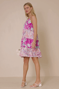 HY7935 Pink Womens Paisley Print Color Blocked Tiered Tank Dress Gif