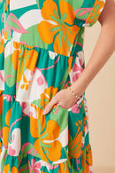 HY7936 Green Womens Vibrant Floral Print Tie Detail Tiered Dress Full Body