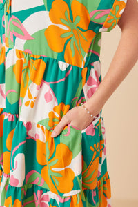 HY7936 Green Womens Vibrant Floral Print Tie Detail Tiered Dress Full Body