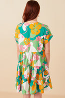HY7936 Green Womens Vibrant Floral Print Tie Detail Tiered Dress Detail