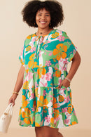 HY7936W Green Plus Vibrant Floral Print Tie Detail Tiered Dress Front