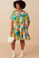 HY7936W Green Plus Vibrant Floral Print Tie Detail Tiered Dress Gif