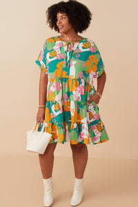 HY7936W Green Plus Vibrant Floral Print Tie Detail Tiered Dress Gif