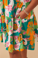 HY7936W Green Plus Vibrant Floral Print Tie Detail Tiered Dress Full Body