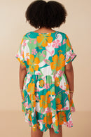 HY7936W Green Plus Vibrant Floral Print Tie Detail Tiered Dress Detail