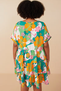 HY7936W Green Plus Vibrant Floral Print Tie Detail Tiered Dress Detail
