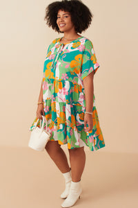 HY7936W Green Plus Vibrant Floral Print Tie Detail Tiered Dress Back