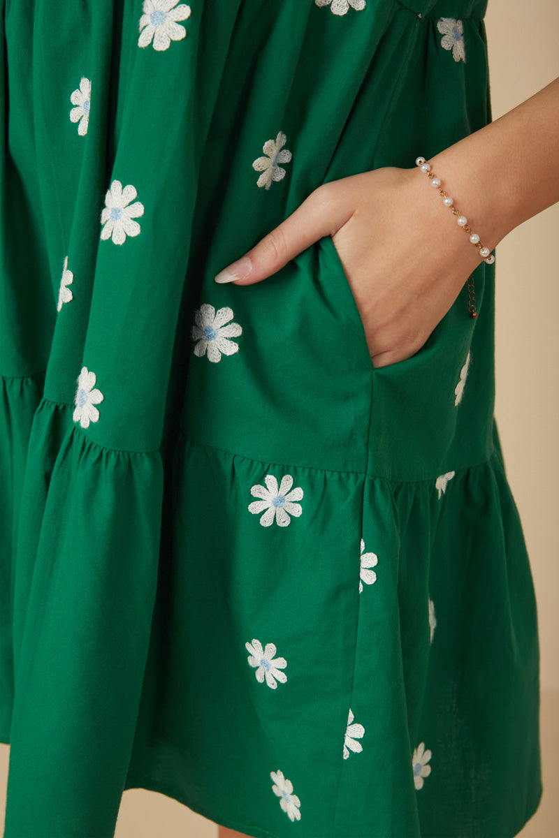 HY7938 Green Womens Floral Embroidered Puff Sleeve Dress Detail