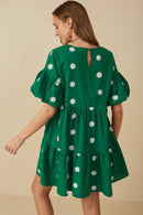 HY7938 Green Womens Floral Embroidered Puff Sleeve Dress Back