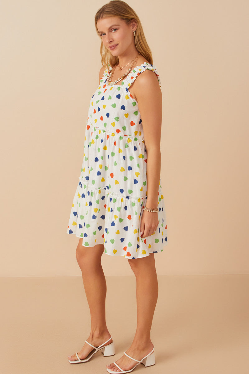 HY7947W Off White Plus Ditsy Heart Tiered Elastic Shoulder Tank Dress Detail