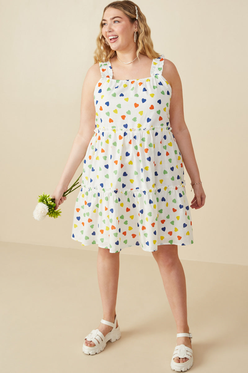 HY7947W Off White Plus Ditsy Heart Tiered Elastic Shoulder Tank Dress Back