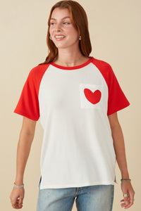HY7958W Red Plus Heart Patch Pocket Raglan French Terry Knit T Shirt Front