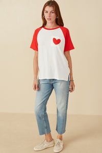 HY7958 Red Womens Heart Patch Pocket Raglan French Terry Knit T Shirt Full Body