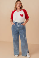 HY7958W Red Plus Heart Patch Pocket Raglan French Terry Knit T Shirt Full Body